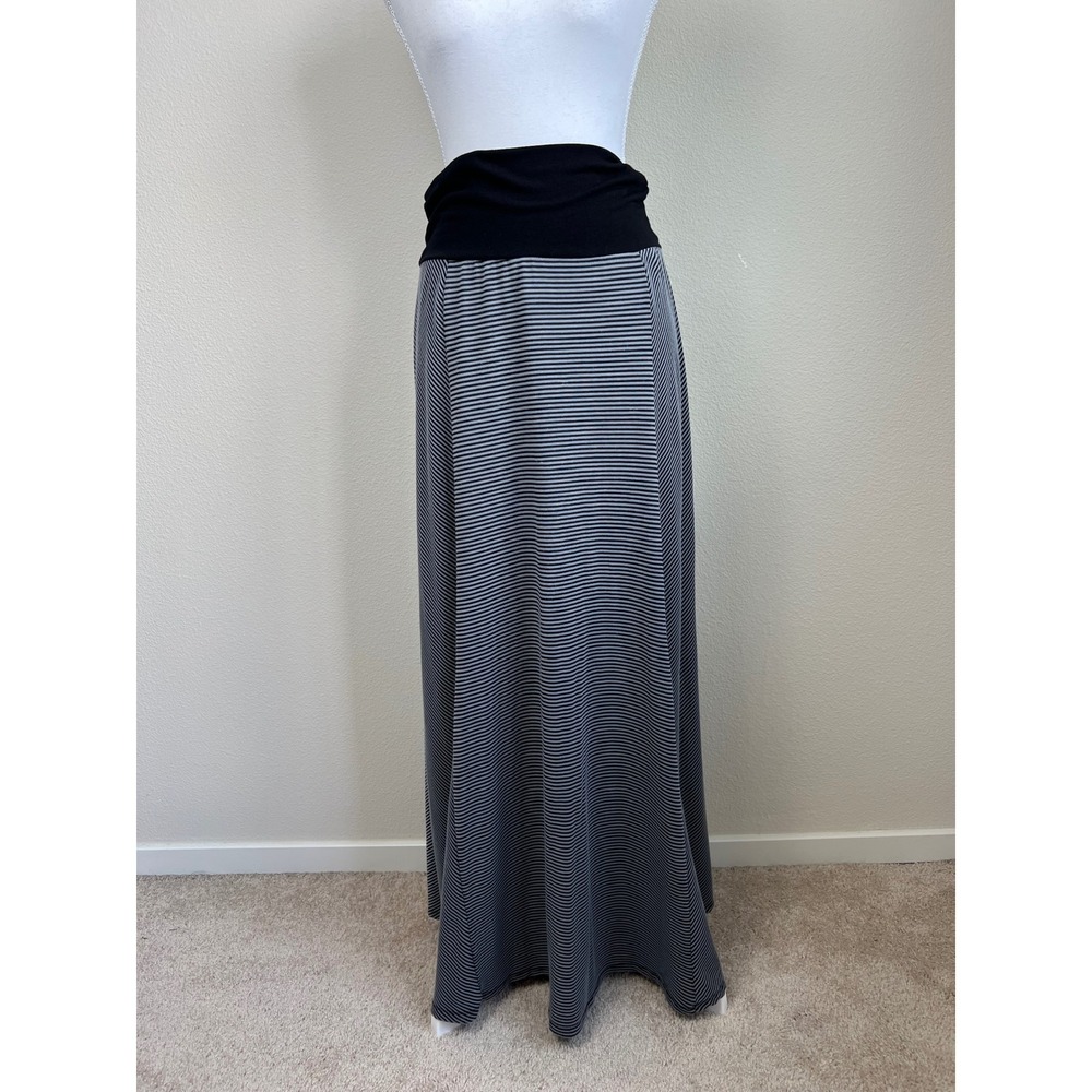 Knapp Studio Maxi Skirt M Black Gray Stripe Fold Over Waist Stretch Boho Travel